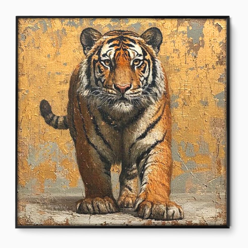 Tablou canvas cu tablou canvas cu tigru pe fundal auriu, in rama de aluminiu negru